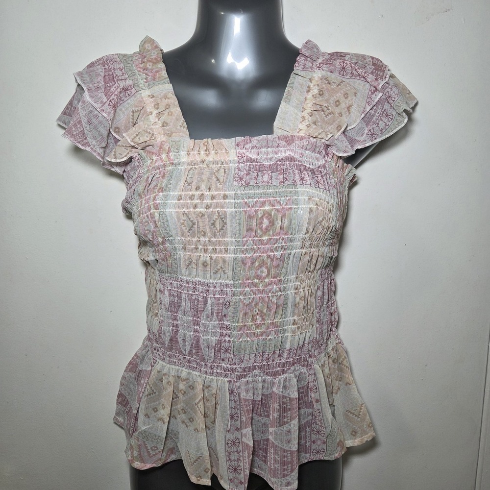 Pink Boho Smocked Peplum Sheer Top Ruffle Sleeve Geometric Patchwork Size S